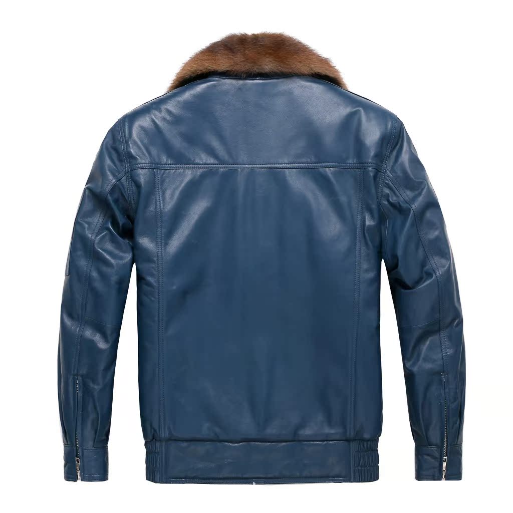02飞行皮衣冬季男装外套水貂领飞行皮夹克 男式真皮皮衣 蓝色