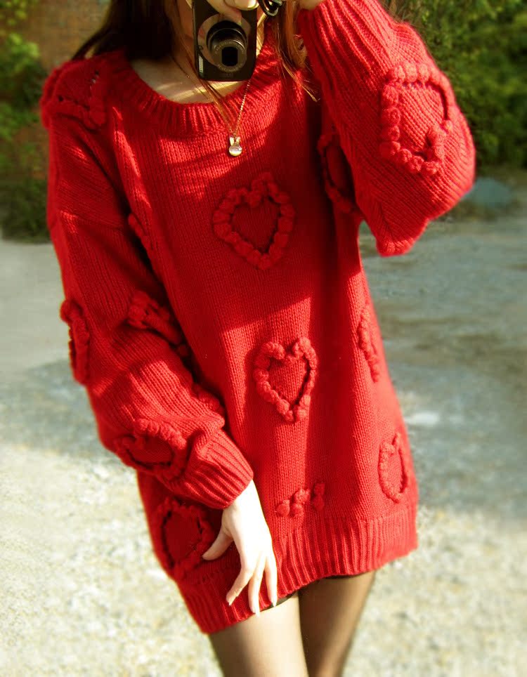 2013秋冬新款 外贸森女宽松针织棒针毛衣 手工立体球球爱心su8097