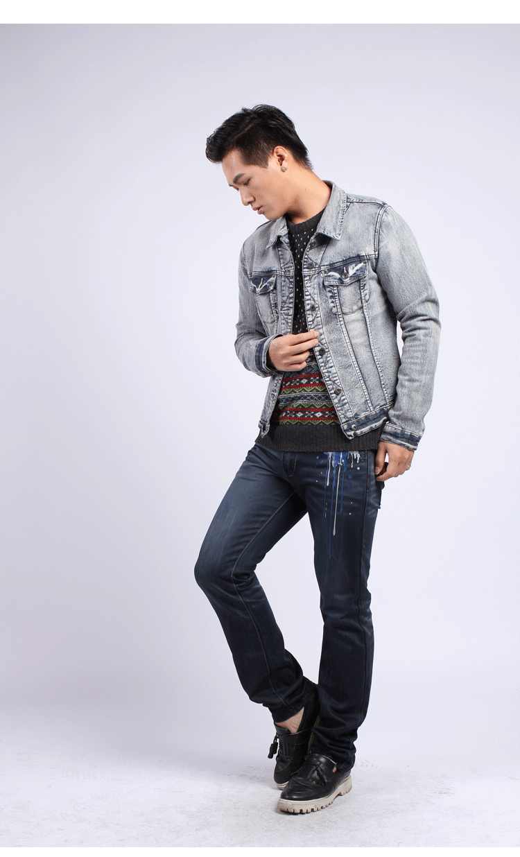 男士牛仔裤潮 深蓝色直筒微修身个性印花时尚潮流靓仔装