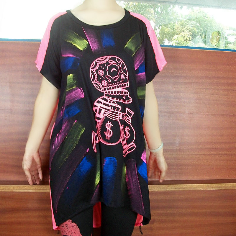 新品韩版女装t恤 喷绘骷髅图案大码宽松胖mm短袖805 批发加盟代理