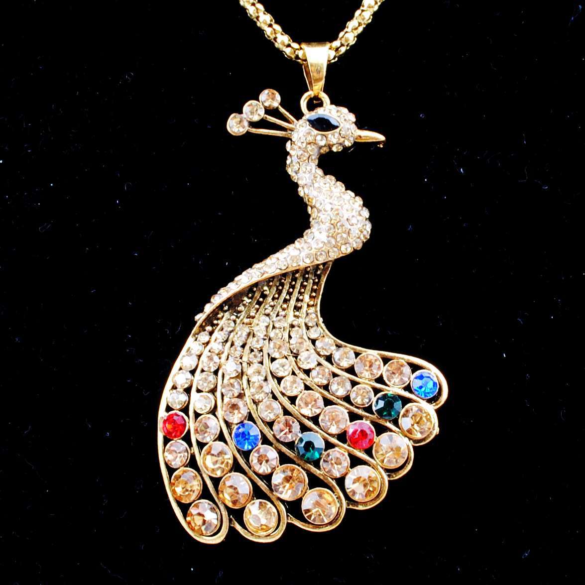 欧美流行 水钻复古孔雀项链 古金吊坠批发 服饰配件毛衣链