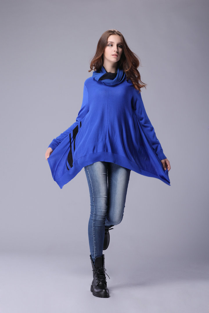 sikya 欧美秋季时尚高端v字领针织衫 中长款下摆条纹毛衣 批发