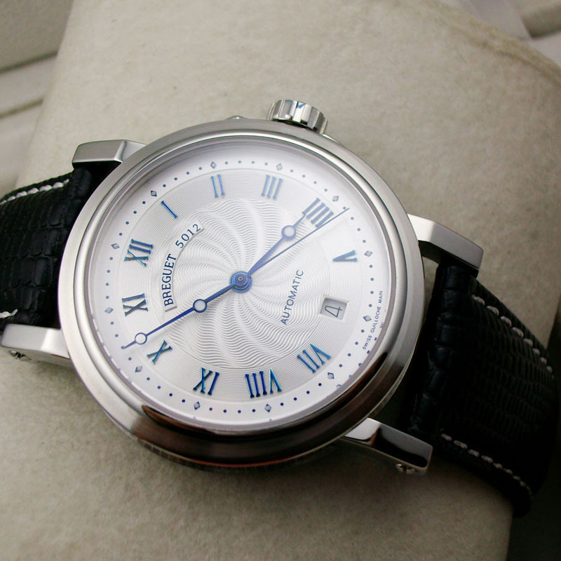 不锈钢罗马数字刻度白面黑真皮带男表机械手表批发