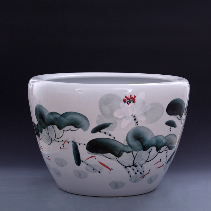 厂家直销景德镇陶瓷鱼缸手绘超大睡碗莲乌龟书画荷韵书画缸