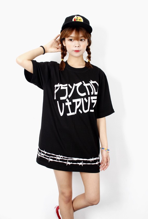 日本原宿系 街头朋克 六芒星背面印花 黑白2色长款t恤