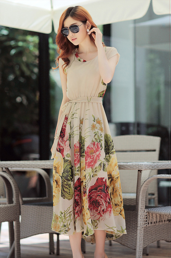 2014夏季新款印花连衣裙长裙爆款波西米亚风雪纺裙大花沙滩长裙女-连