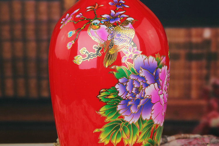 景德镇陶瓷器 中国红富贵牡丹美人尖花瓶 现代家居时尚摆件摆设