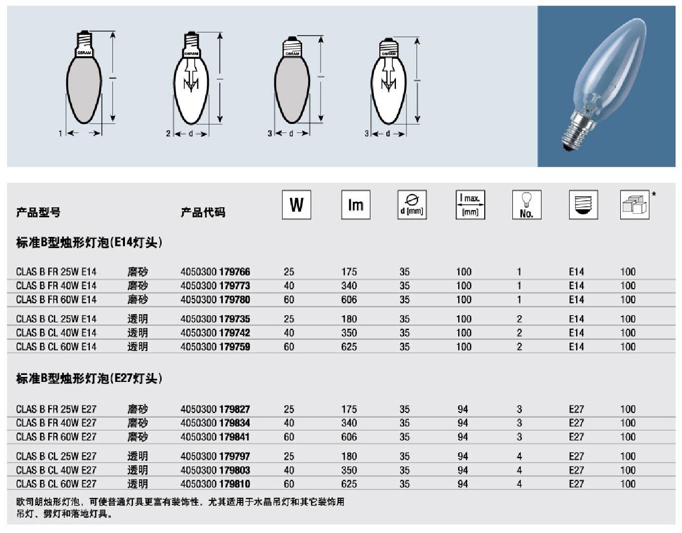 osram欧司朗 标准b型烛形灯泡 e14/e27