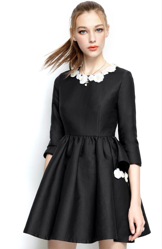 外贸原单女装欧洲站钉珠亮片春季连衣裙淑女纯色圆领高腰大摆中裙