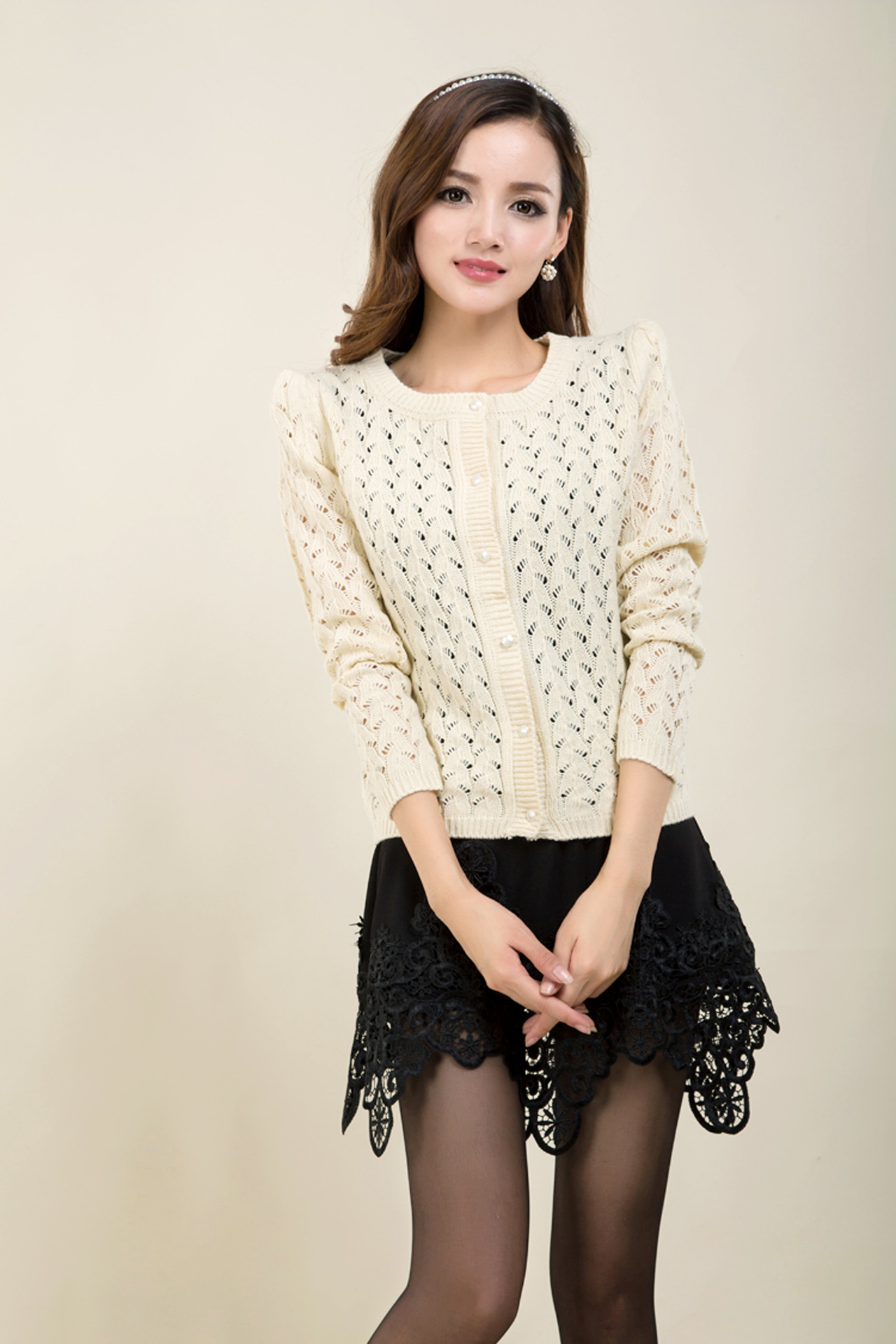 14新款 韩版钩花镂空 可爱糖果色 公主蓬蓬袖女士针织衫