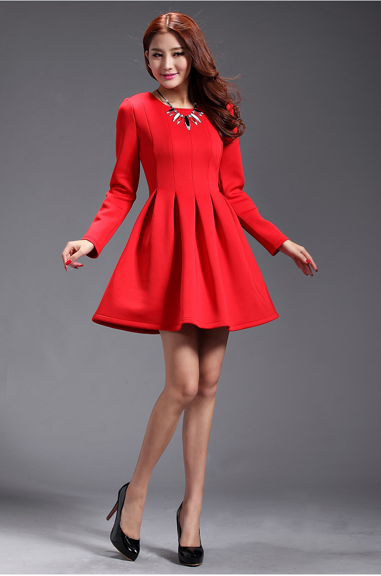 欧洲站秋冬新款女装明星同款 大红色欧美蓬蓬裙太空棉长袖连衣裙