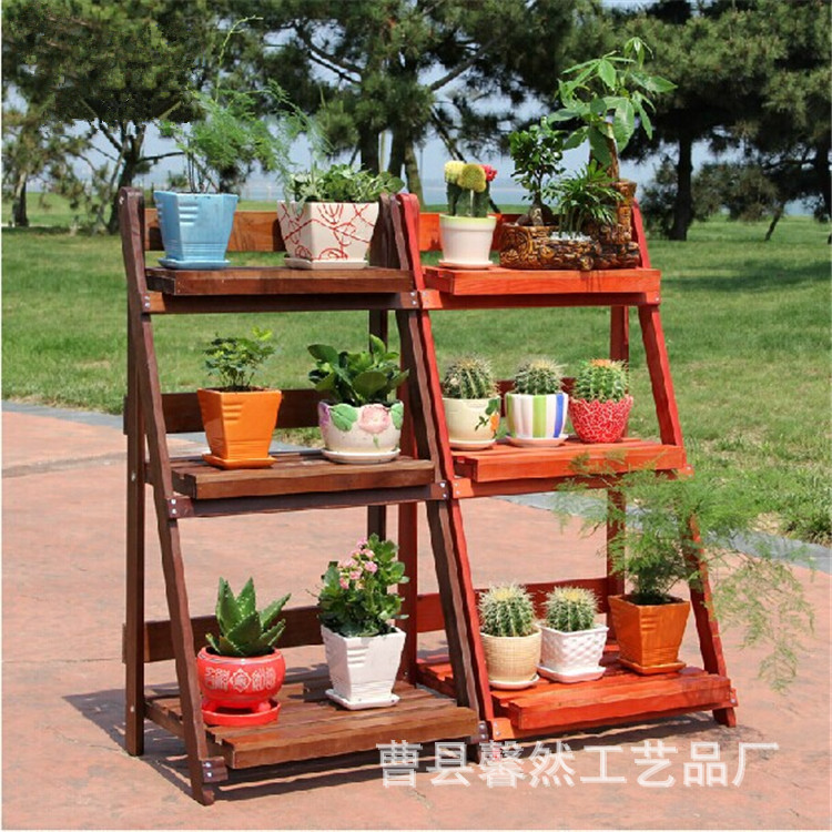 曹县木制品厂家直供三层可折叠实木花架 定做家具 创意植物层架