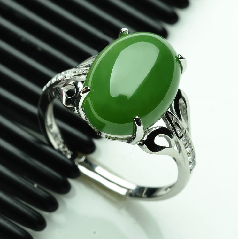天然正品和田玉碧玉戒指 女士925银指环玉石戒指可伸缩