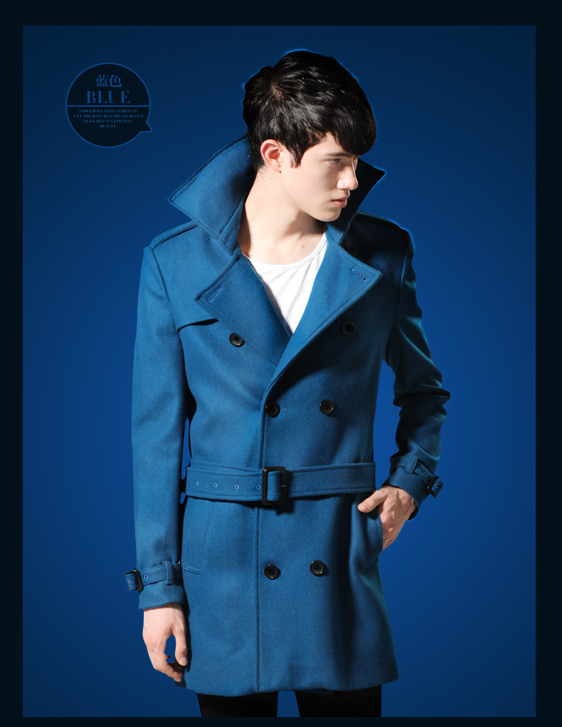 2014秋冬新款 时尚蓝色羊毛呢大衣男士修身呢子大衣男装 厂家直销