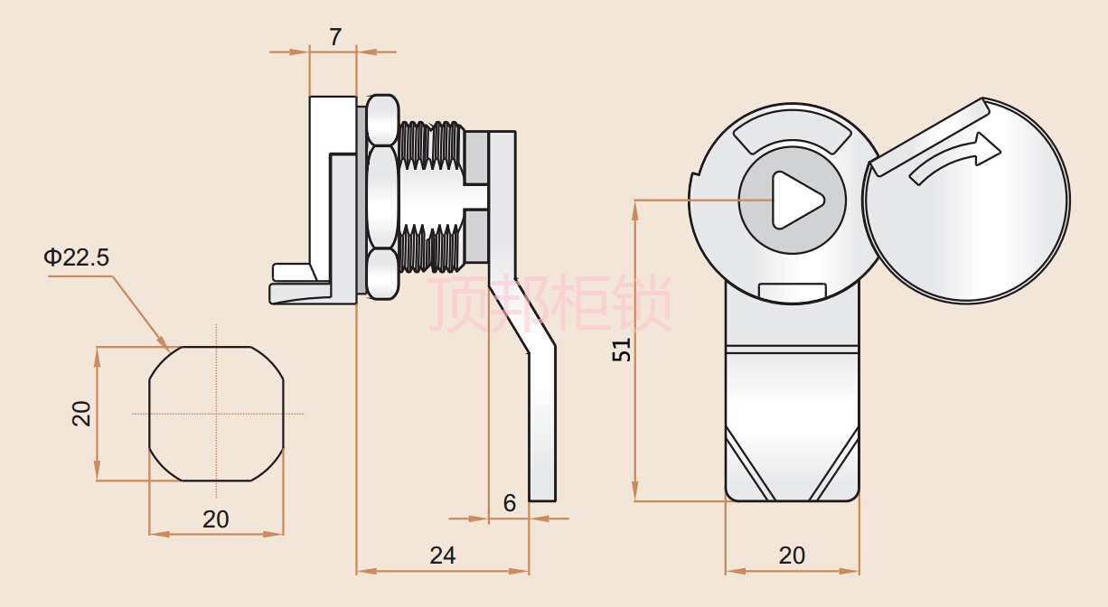 上海顶邦柜锁 ms705-3a 配电箱机柜门锁 铁皮开关柜 三角锁 带防水盖