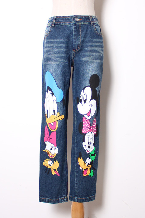 范冰冰同款迪士尼米奇图案牛仔裤 欧美范卡通宽松百搭裤子