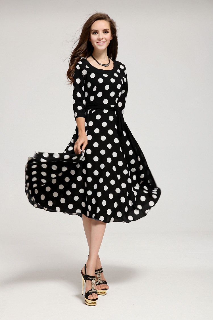 jo9165 外贸原单欧美风波点黑白点圆领雪纺裙圆点连衣裙夏季中袖