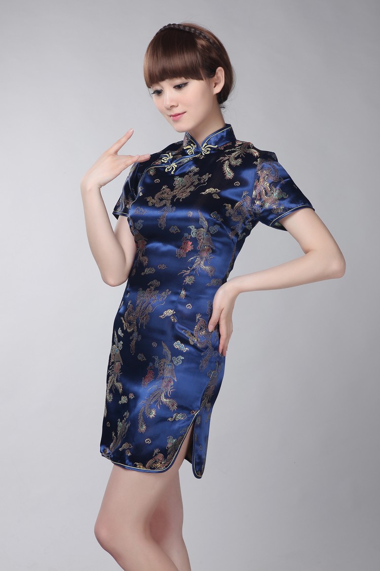 全网秒杀品质淑女装旗袍短袖立领复古珠扣门脚边侧面开衩加长旗袍