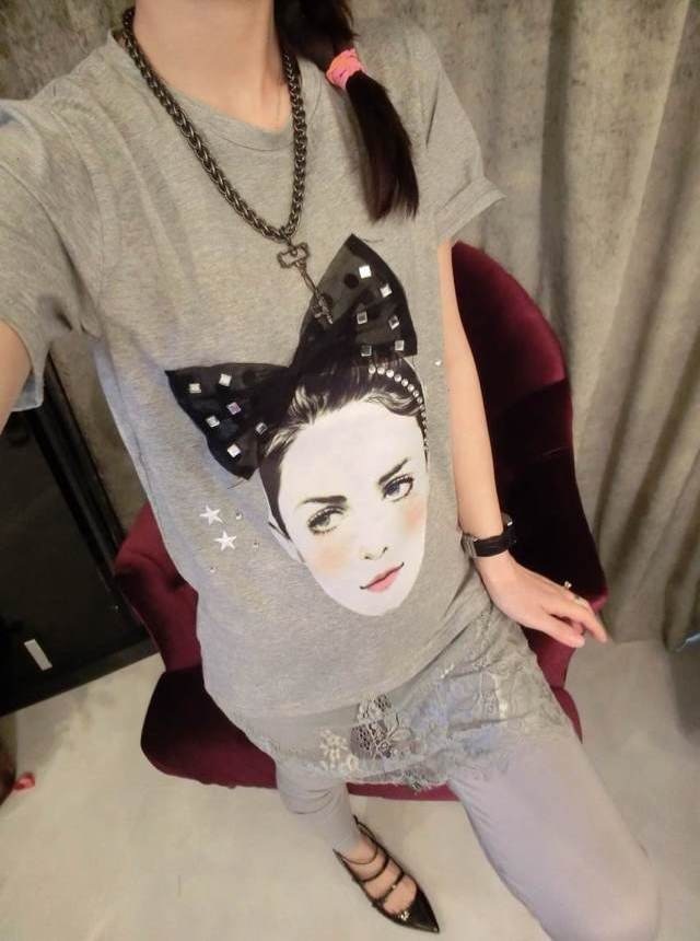 junjun正版女装 2014蕾丝蝴蝶结女人头拼接蕾丝莫代尔t恤 女