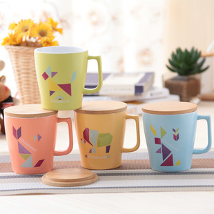 积木七巧板拼图杯可爱动物陶瓷杯子咖啡杯马克杯带盖子水茶杯批发