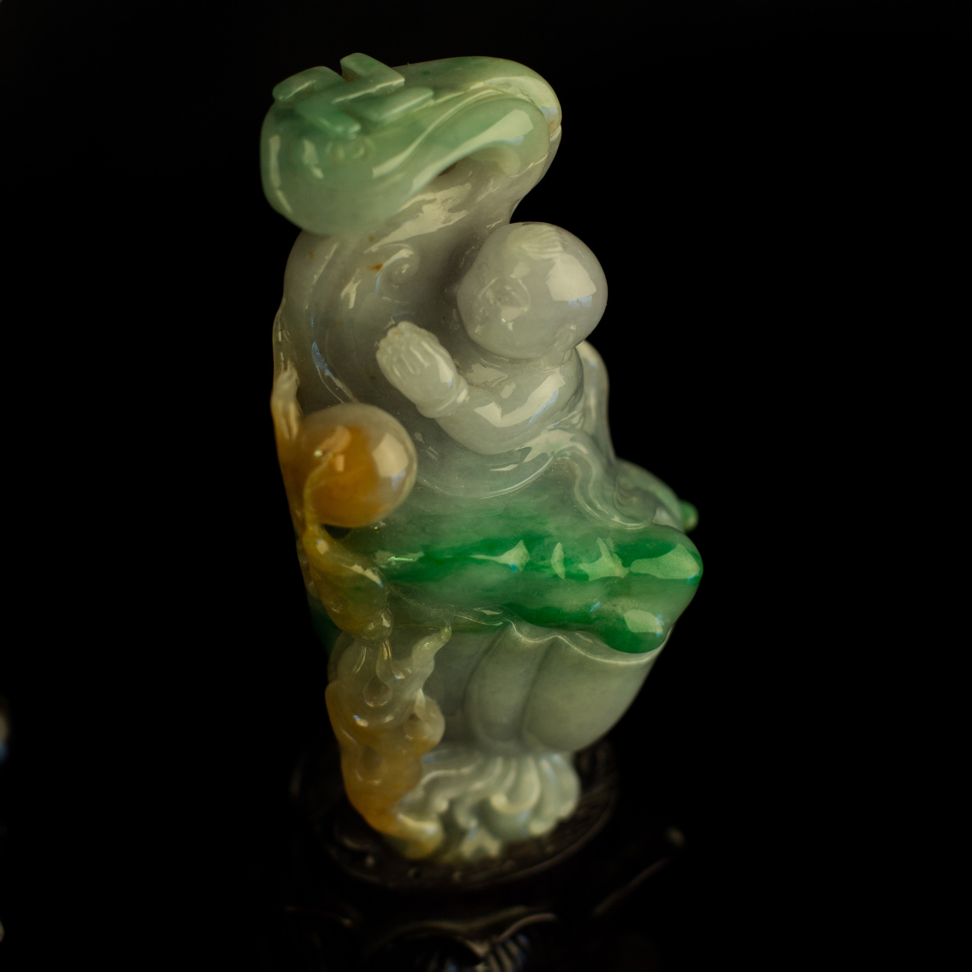 缅甸玉天然翡翠a货 老料人物翡翠摆件 童子拜观音 可出证书