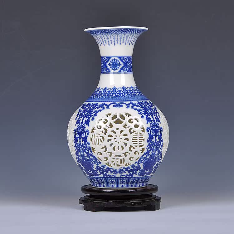 厂家直销 景德镇薄胎镂空陶瓷花瓶 象牙青花瓷摆件