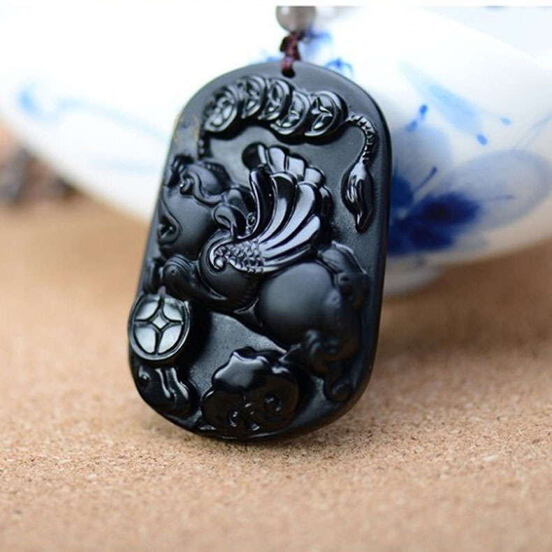 天然黑曜石貔貅吊坠 精美飞天貔貅项坠 开运旺财镇宅辟邪男士项链