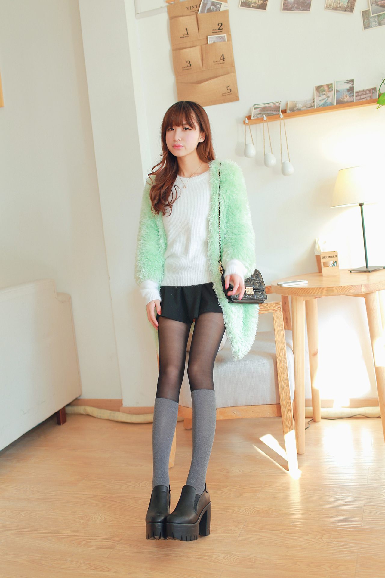 诗丰sf1320黑灰拼接丝袜 假高筒假中统连裤袜子