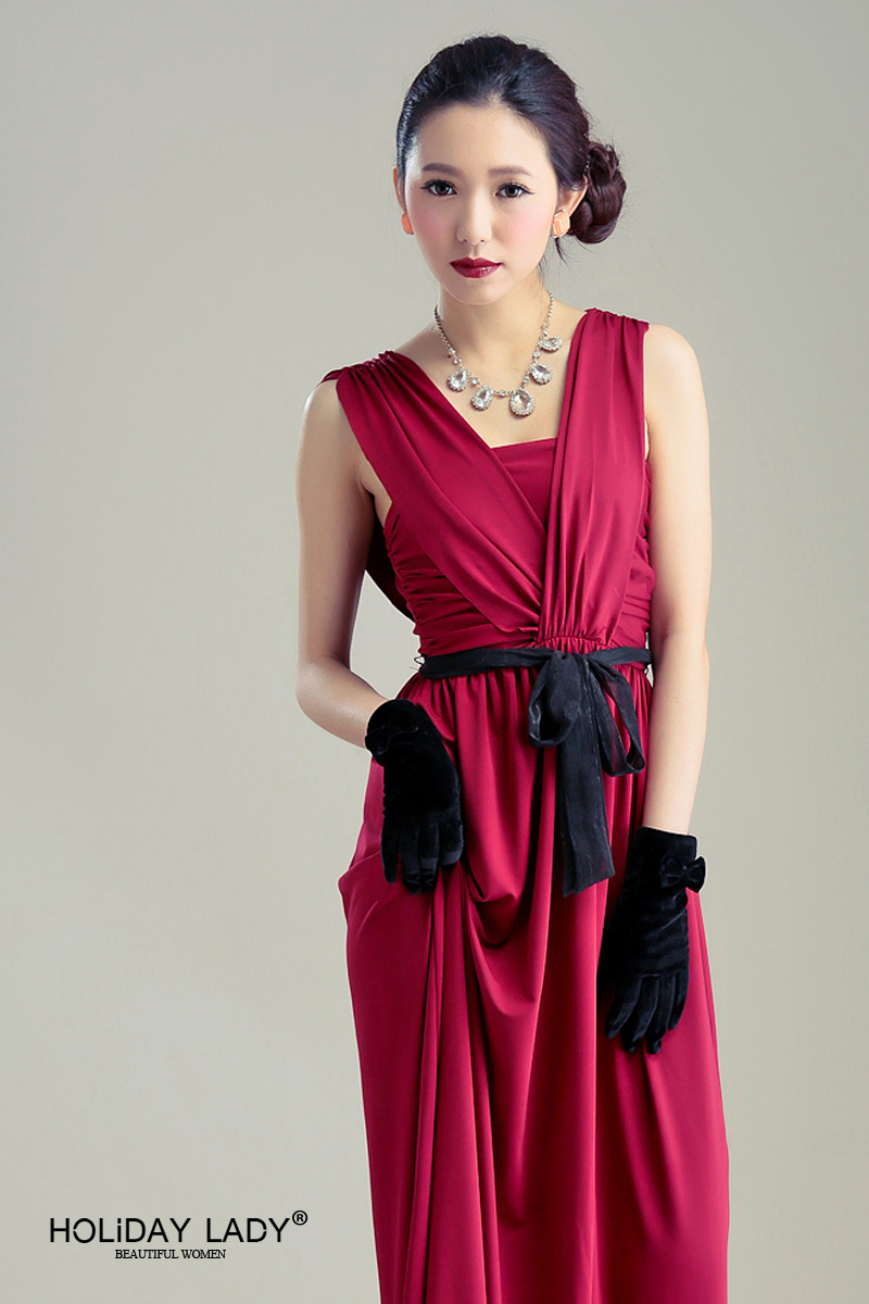 2014前后v领性感连衣裙 长款 礼服 晚礼服 约会裙约会礼服 酒会裙