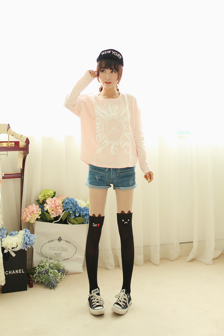 优品.原宿风恶魔猫咪假过膝拼接连裤袜12.