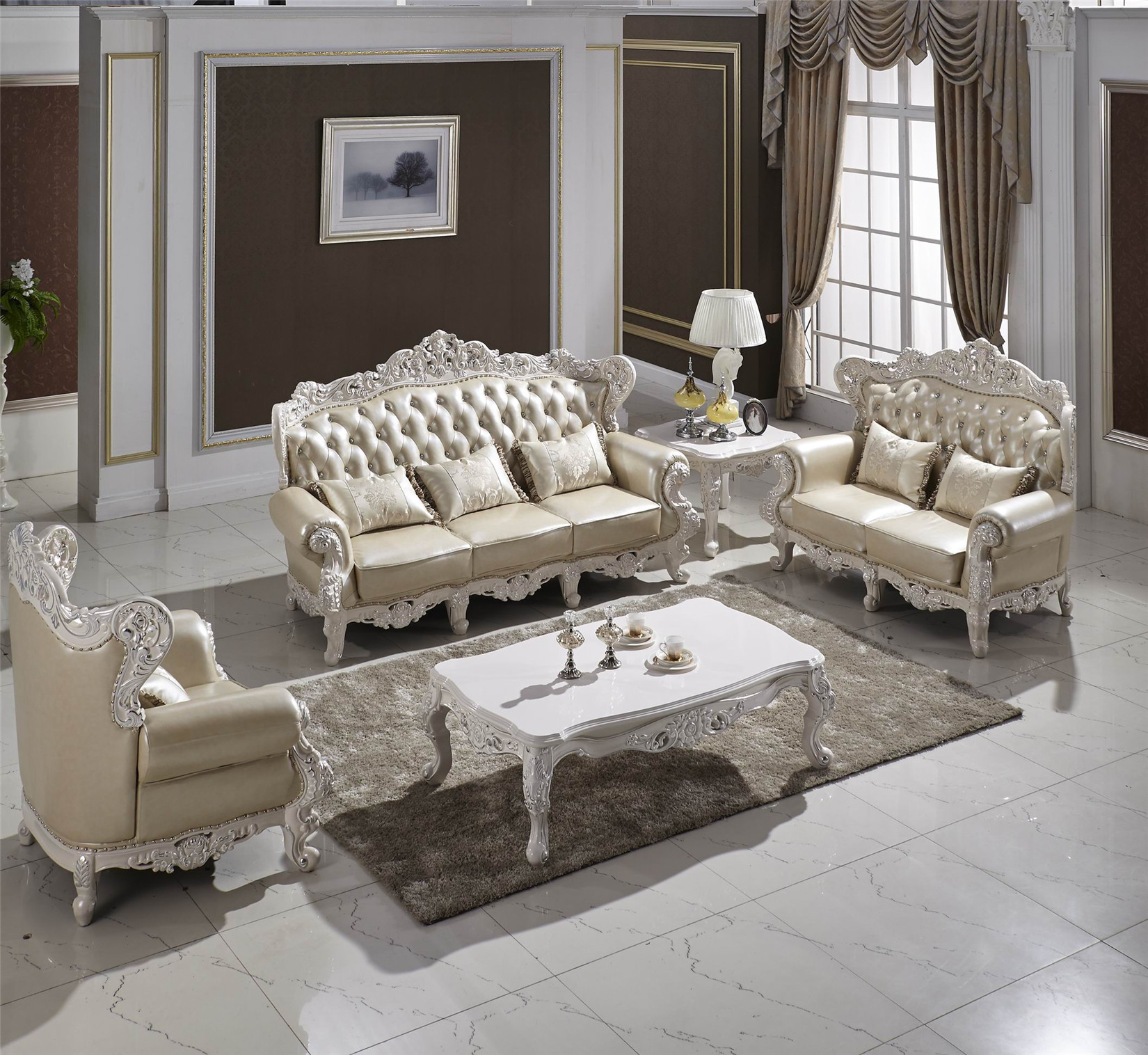 欧式真皮沙发客厅组合 白色法式手工雕刻描金实木沙发现货