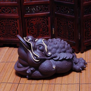 高端茶宠 王庆生原创作品 描金小抱元宝蟾 宜兴紫砂正品批发摆件