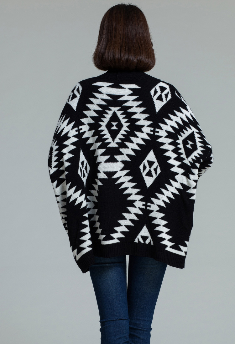 胖mm秋装新款黑白民族印花图案蝙蝠袖针织开衫毛衣300斤大码微信