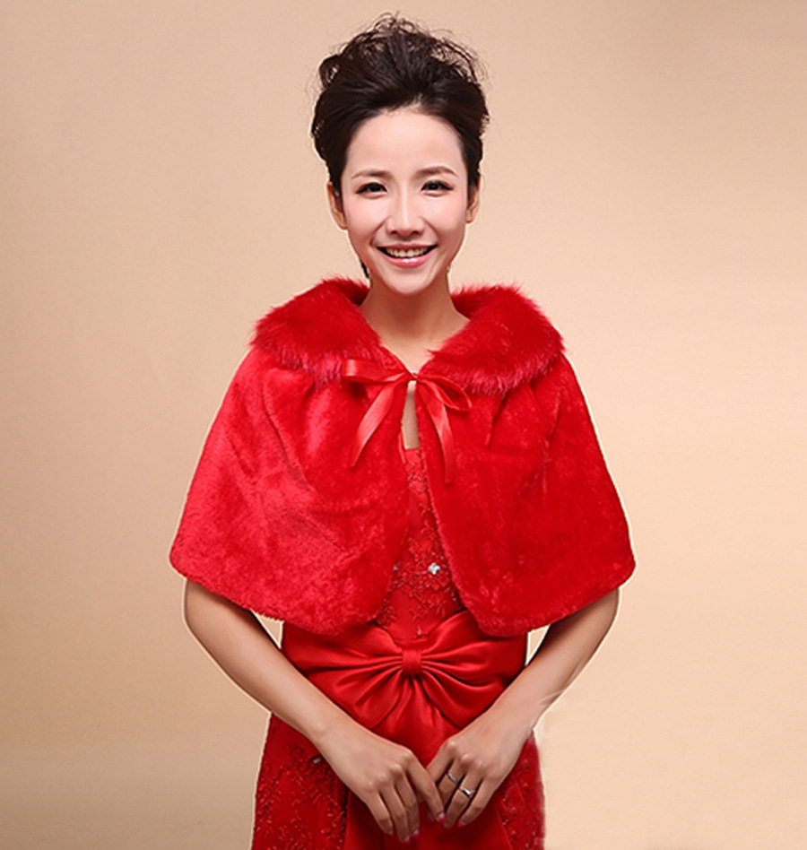 批发新娘婚纱披肩礼服毛披肩伴娘披肩红色pj044