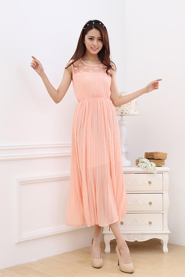 201新款蕾丝百褶修身显瘦雪纺长裙公主裙连衣裙0014