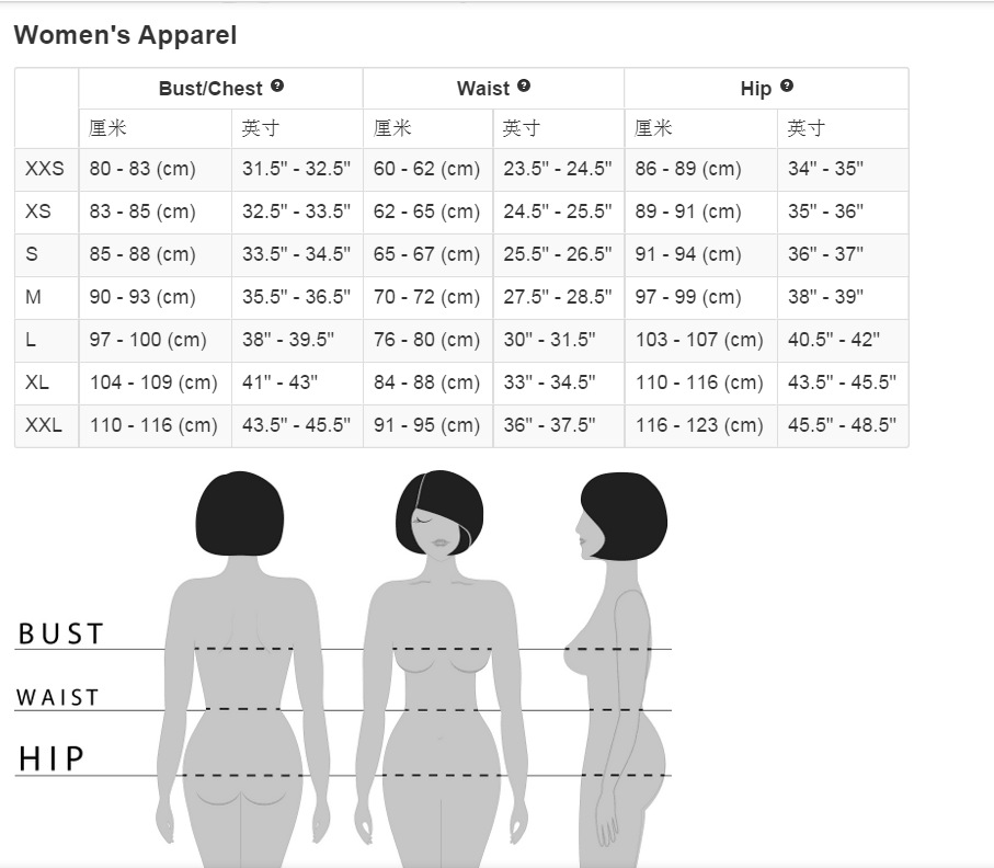 美国衣服尺码对照表图片