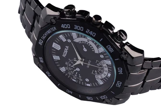 正品外贸rosra三眼六针石英钢带手表 男士商务礼品表 厂家批发