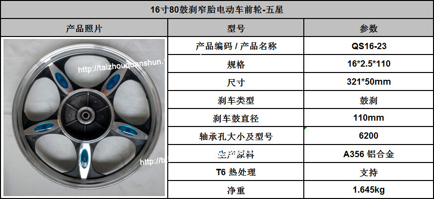 16寸轮毂 电动车铝合金前轮 110鼓刹 宽胎 二等品