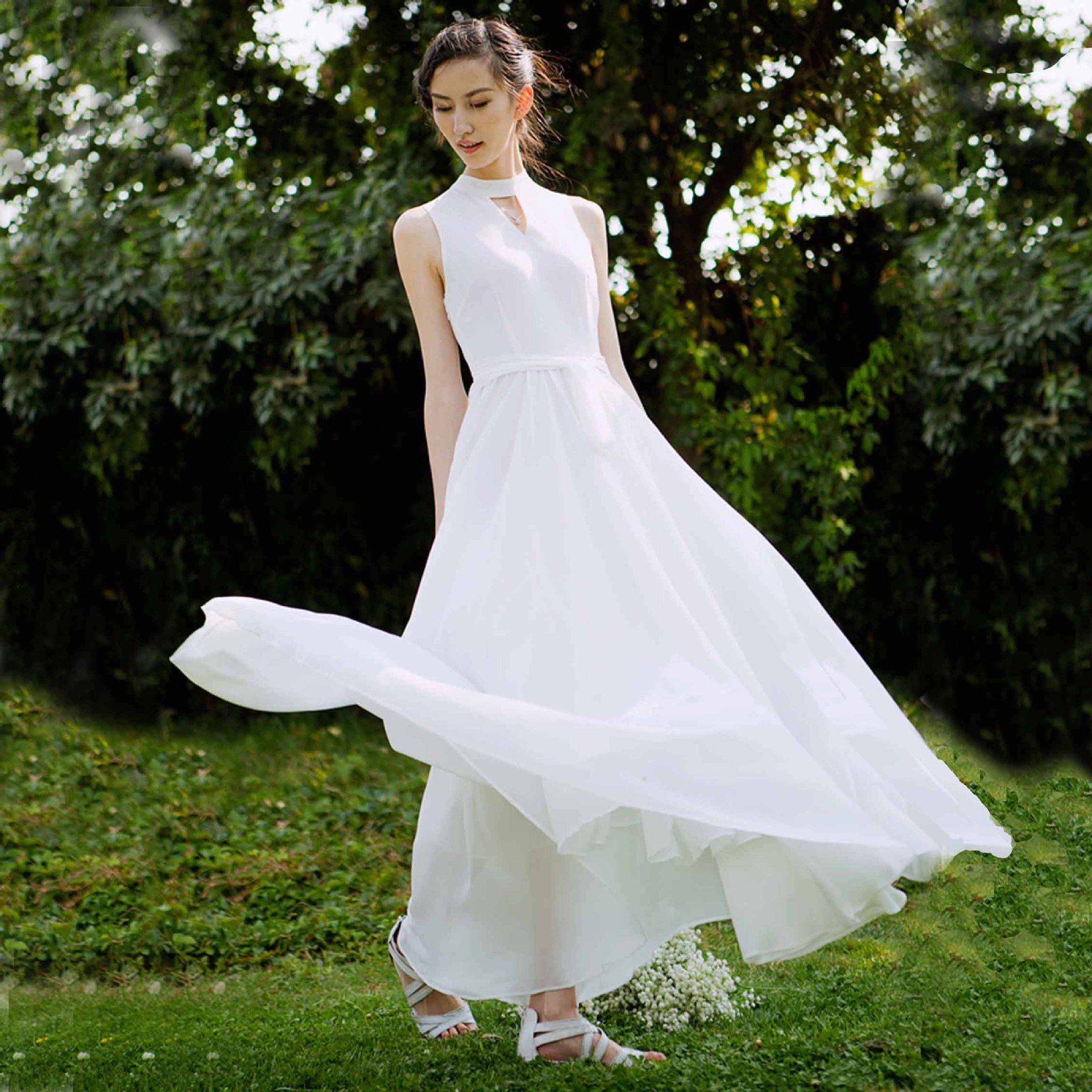 2014春夏新品 高端优雅气质白色雪纺大摆拖地长裙