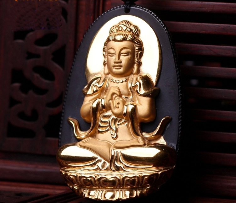 开光天然黑曜石镀黄金大日如来吊坠生肖羊猴守护神本命佛带证书