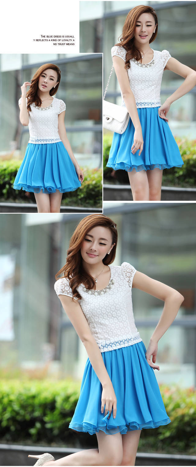 2014夏装 韩版水溶蕾丝拼接欧根纱雪纺衣裙 修身短袖百褶裙