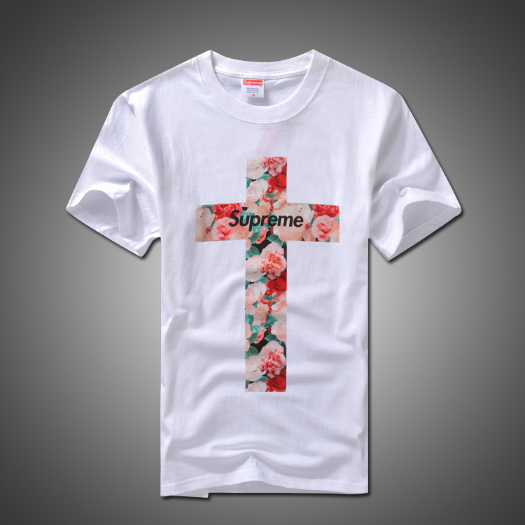 supreme 花卉花朵字母十字架 男女情侣纯棉圆领短袖t恤