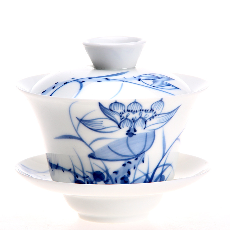 茗丰堂手绘青花盖碗陶瓷茶具手抓茶碗三才碗景德镇青花瓷盖碗茶杯