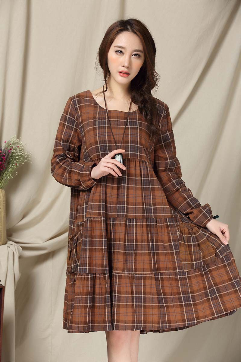 棉麻连衣裙 大码中长款a字格子连衣裙 614