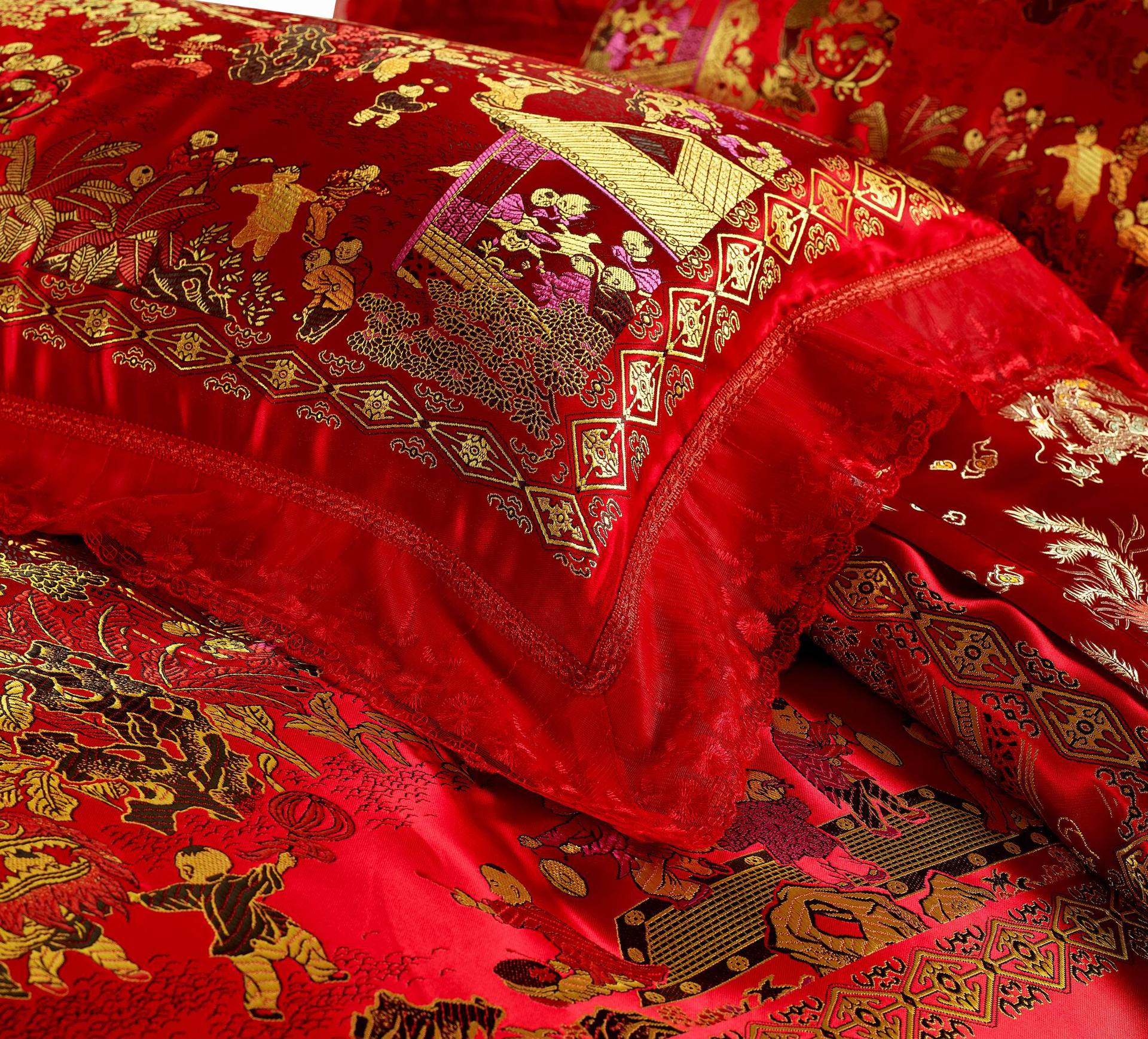 婚庆床品四件套大红 红色龙凤百子图 结婚新婚床上用品家纺中国风