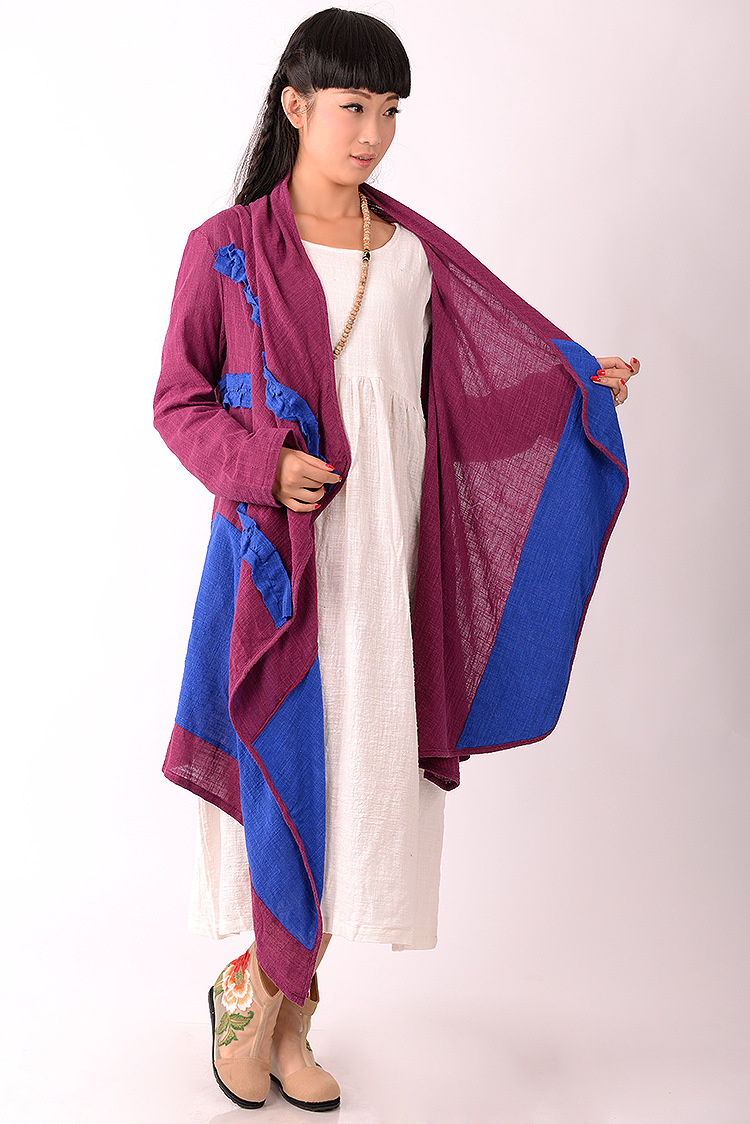 骨朵原创 竹节棉皱棉系列拼布衬衫长袖女开衫文艺女长衫外套图片_11