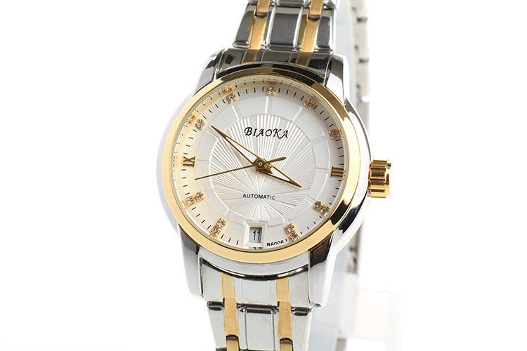 女款标卡正品 情侣对表间金版 立体印花钢带日历自动机械表 b6006