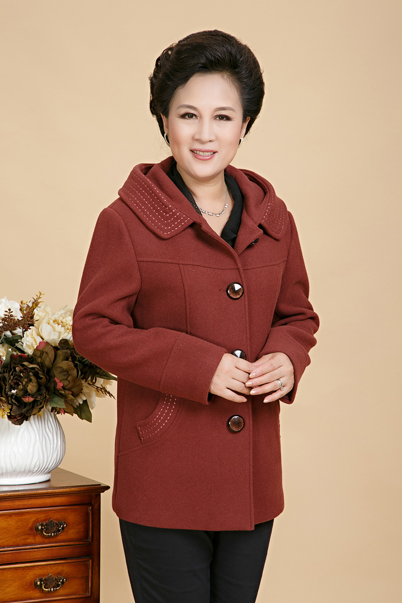 中老年人女装秋装长袖毛呢外套 妈妈装秋冬款加厚连帽呢短款外套