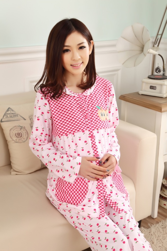 哺乳小苹果睡衣qmj2815#长袖开衫针织棉双面产后妈妈喂奶家居服