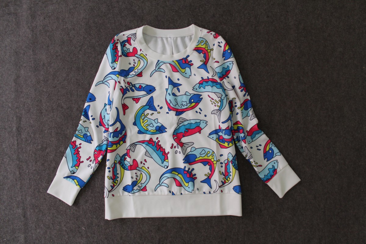 欧美女装原单尾货外贸服装代理批发欧洲站 针织棉鱼图案印花上衣